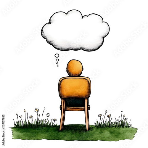 Person Sitting on a Chair in a Field with a Blank Thought Bubble, Reflecting Ideas, Creativity, and Imagination in a Minimalist Hand-Drawn Style photo