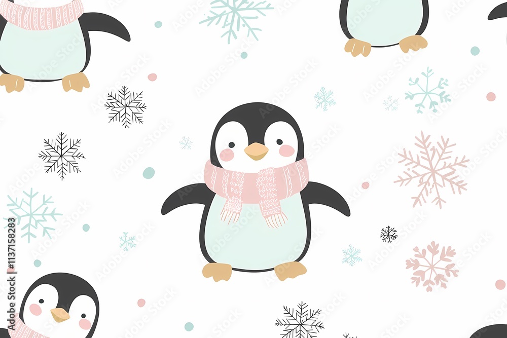 Fototapeta premium Cute Cartoon Penguins with Scarves and Snowflakes on White Background