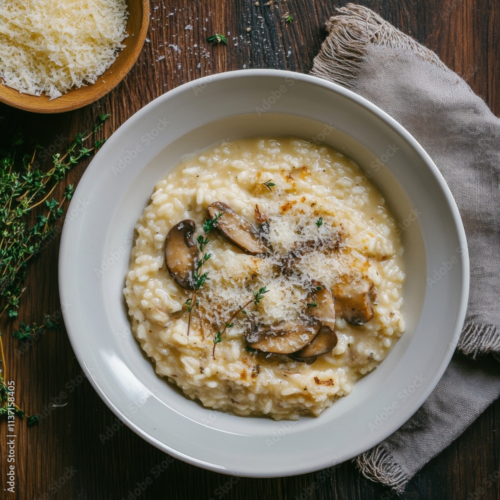 A creamy and rich risotto with wild mushrooms, Parmesan cheese, and a sprinkle of fresh herbs A creamy and rich risotto with wild mushrooms, Parmesan cheese, and a sprinkle of fresh herbs