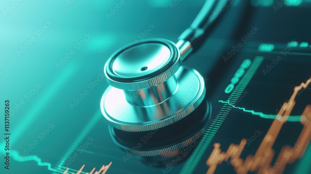 Stethoscope on Digital Background with Heartbeat Graph and Data Stethoscope on Digital Background with Heartbeat Graph and Data