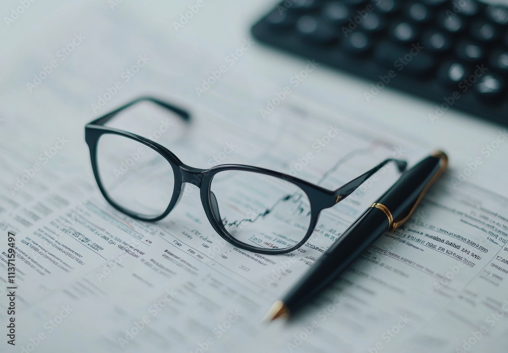 Glasses and Pen on Financial Paper with Calculator in the Background Glasses and Pen on Financial Paper with Calculator in the Background