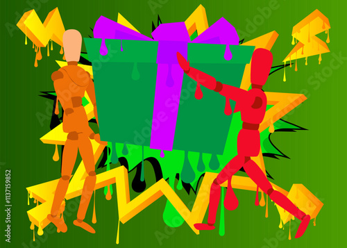 Wooden puppet holding gift box graffiti. Abstract modern street art decoration performed in urban painting style.