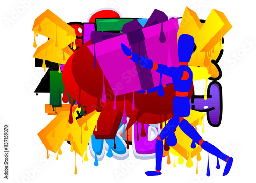 Wooden puppet holding gift box graffiti. Abstract modern street art decoration performed in urban painting style.