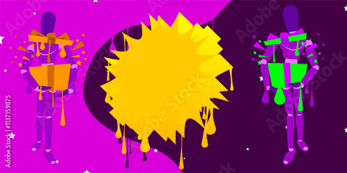 Wooden puppet holding gift box graffiti. Abstract modern street art decoration performed in urban painting style.