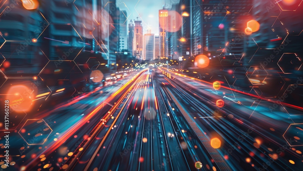 Cityscape with Abstract Lights and Digital Elements Cityscape with Abstract Lights and Digital Elements