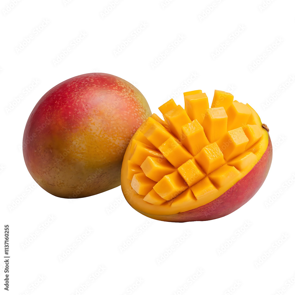 Closeup of fresh organic ripe mango cube slice against transparent background Closeup of fresh organic ripe mango cube slice against transparent background
