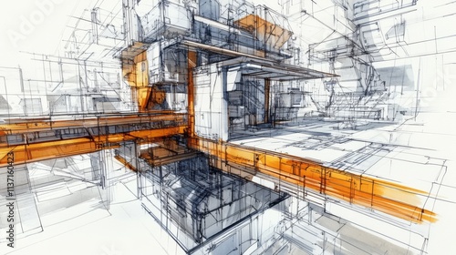 Wallpaper Mural An intricate digital rendering of futuristic architecture, featuring transparent grids and bold orange structures. The geometric complexity blends innovation and modernity, offering a visually Torontodigital.ca