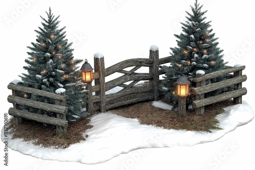 Wallpaper Mural Winter Scene with Snowy Trees, Wooden Fence and Lanterns Torontodigital.ca
