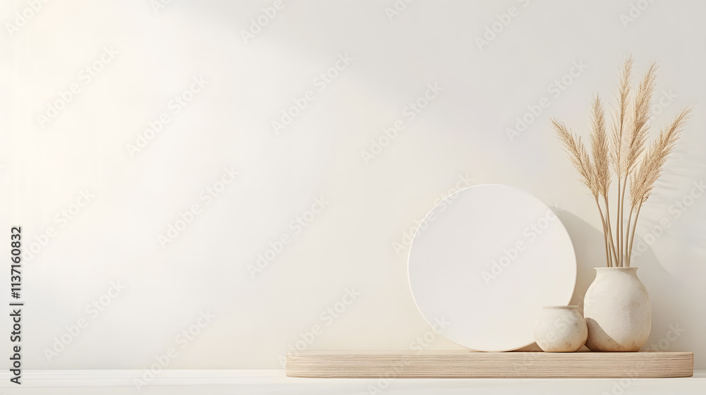 Fototapeta premium Minimalist decor with white plates and dried plants on wooden shelf