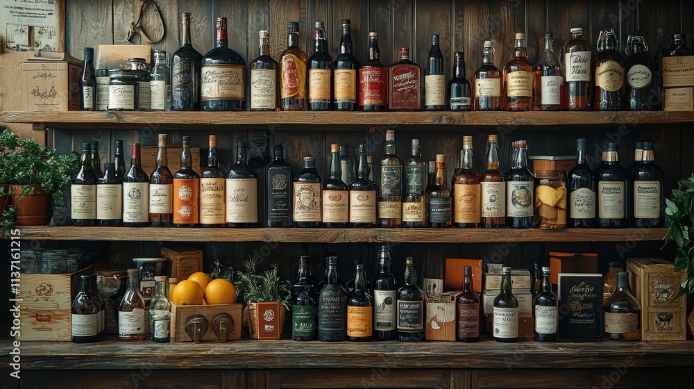 Rustic liquor shelves with premium spirits Rustic liquor shelves with premium spirits