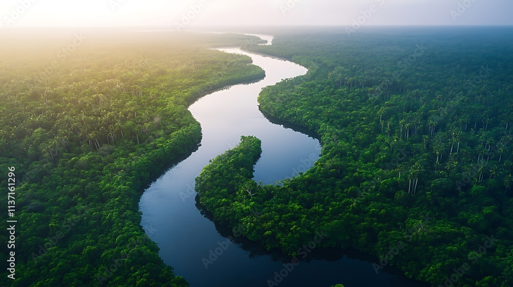 Lush Green Rainforest River Winding Through Canopy Lush Green Rainforest River Winding Through Canopy