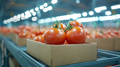 Bright packing facility for fresh tomatoes harvesting and quality control focus photo