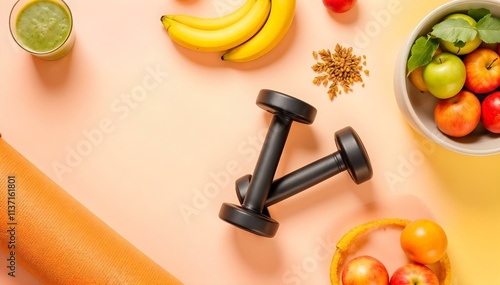 Fitness background with dumbbells, apple, banana and juice photo