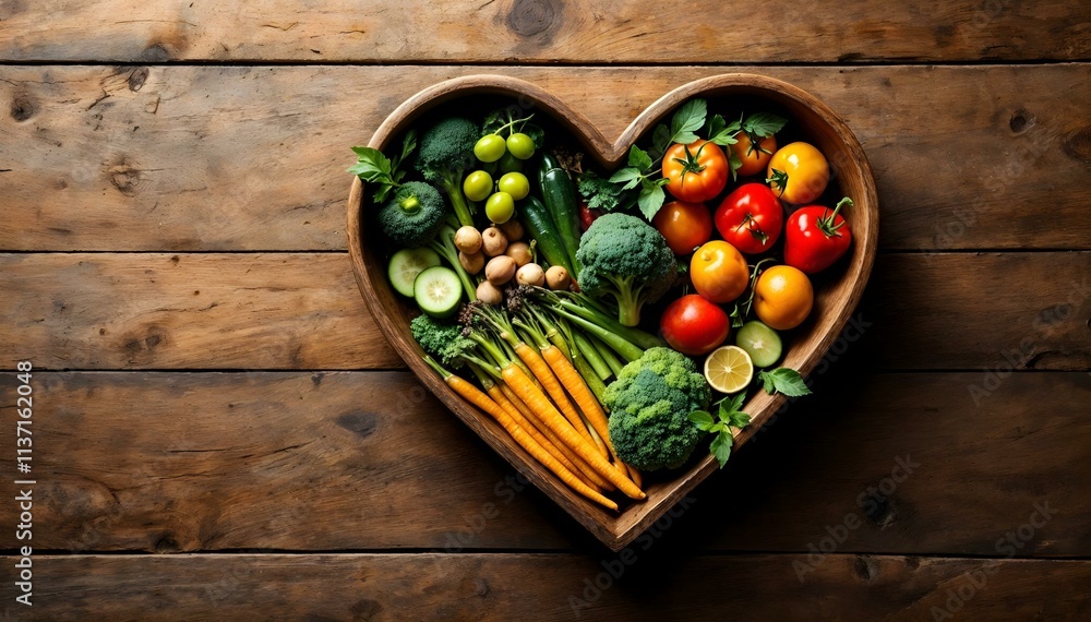 Healthy food in heart shaped bowl on wooden background, top view Healthy food in heart shaped bowl on wooden background, top view