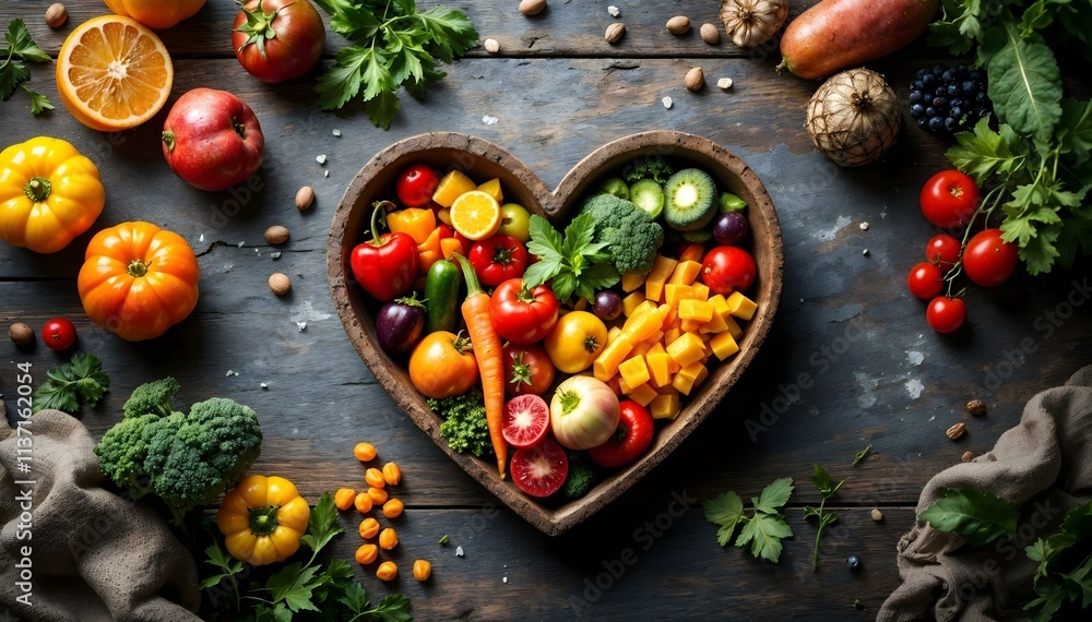 Healthy food in the shape of a heart on a wooden background Healthy food in the shape of a heart on a wooden background