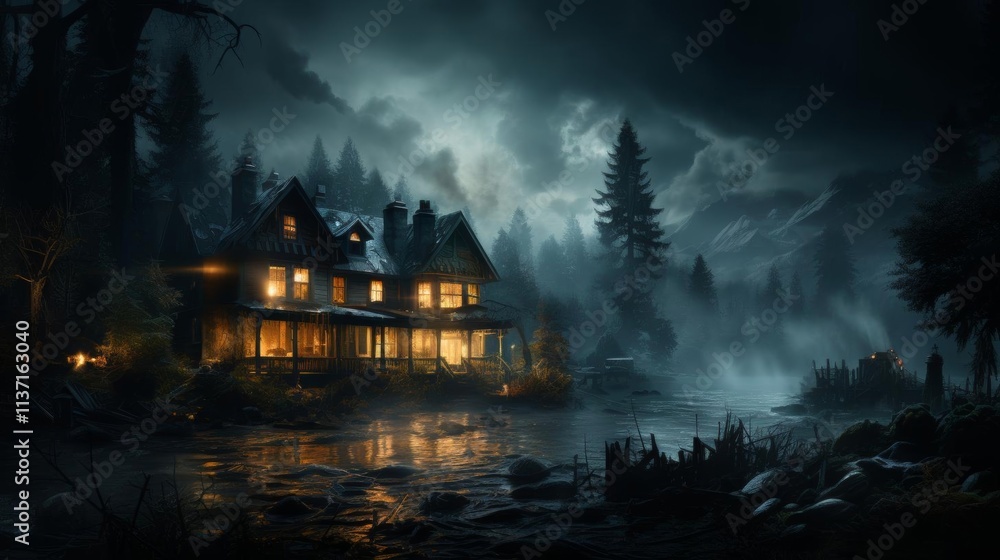 A house with a porch and a lake in the background A house with a porch and a lake in the background