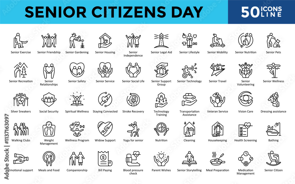 Senior Citizens Day icons set with senior exercise, senior friendship, senior gardening, senior housing, senior independence, senior legal aid, senior lifestyle icon. Simple line vector
Senior Citizens Day icons set with senior exercise, senior friendship, senior gardening, senior housing, senior independence, senior legal aid, senior lifestyle icon. Simple line vector