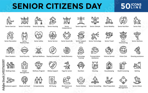 Senior Citizens Day icons set with senior exercise, senior friendship, senior gardening, senior housing, senior independence, senior legal aid, senior lifestyle icon. Simple line vector 
