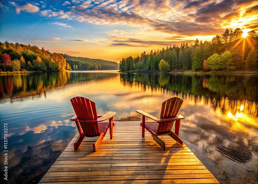 Naklejka premium Serene sunset paints the Adirondack chairs on a peaceful lake dock, low light capturing tranquility.