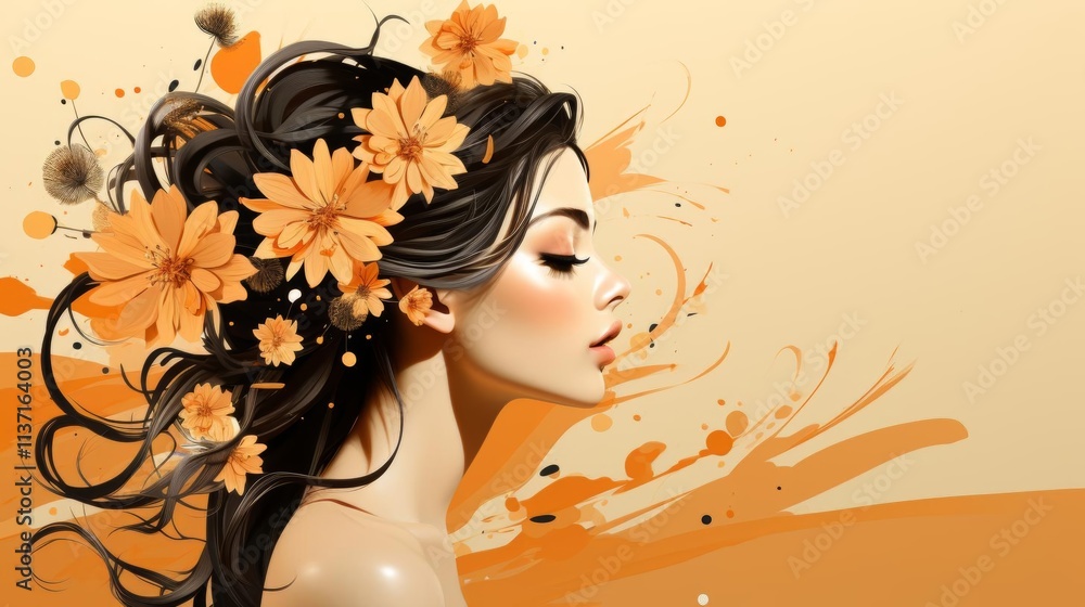 A woman with long hair and orange flowers in her hair A woman with long hair and orange flowers in her hair