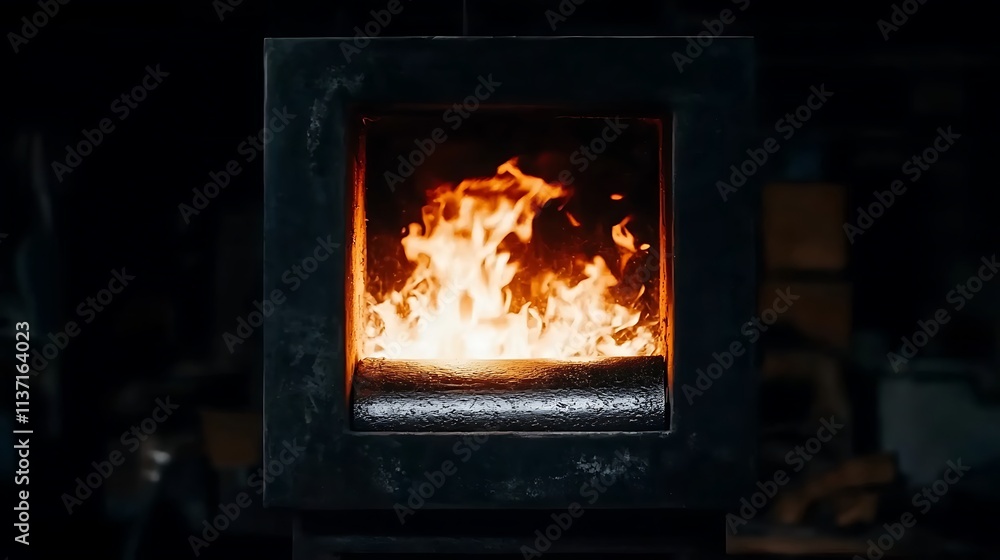 Fiery flames burn brightly within a dark metal forge Fiery flames burn brightly within a dark metal forge
