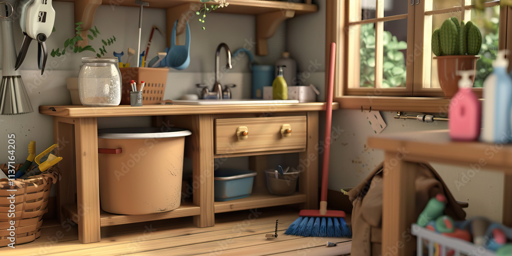 Fototapeta premium Digital Rendering of a Wooden Workbench and Utility Sink with Cleaning and Gardening Supplies