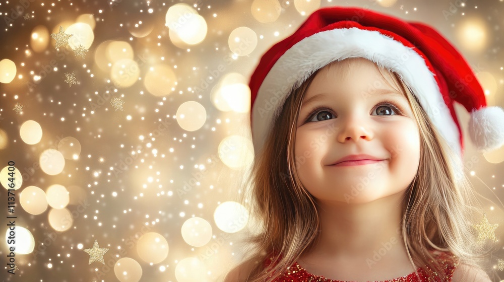 Joyful Child in Santa Hat Surrounded by Warm Holiday Lights Joyful Child in Santa Hat Surrounded by Warm Holiday Lights