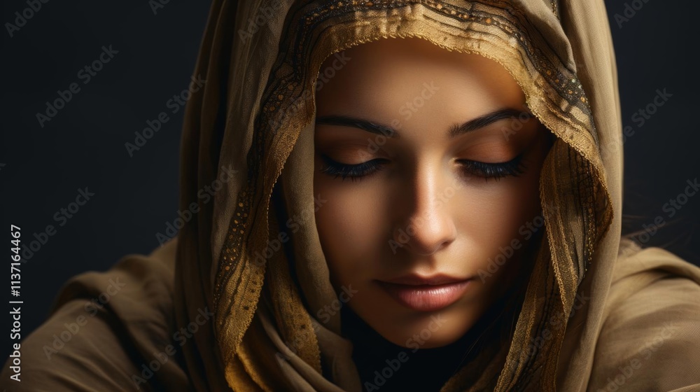 A woman with a gold scarf draped over her head A woman with a gold scarf draped over her head