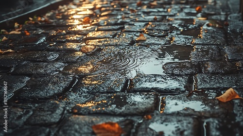 Wet cobblestone street reflects autumn leaves and light