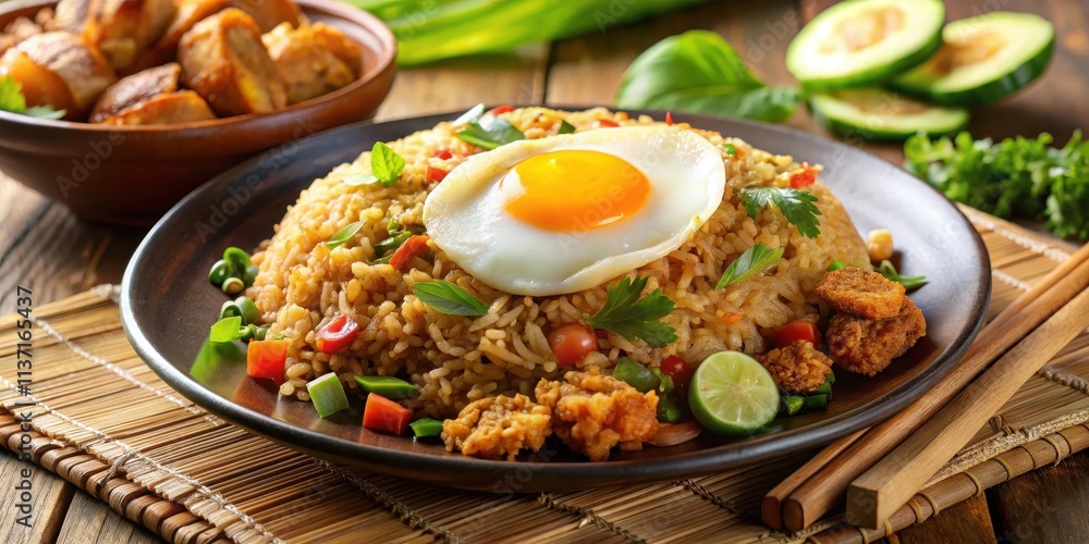 Close up of Indonesian favorite food Nasi Goreng Spesial with fried rice, egg, satay, pickles, and crackers, Indonesian Close up of Indonesian favorite food Nasi Goreng Spesial with fried rice, egg, satay, pickles, and crackers, Indonesian