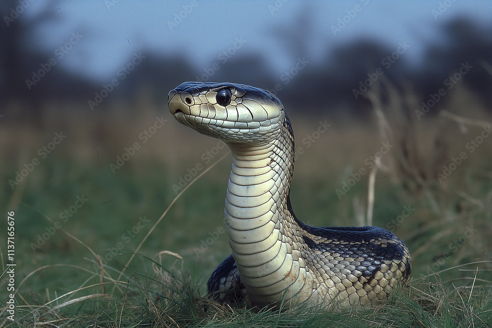 Fototapeta premium Indian cobra standing upright and staring intently at something off camera.