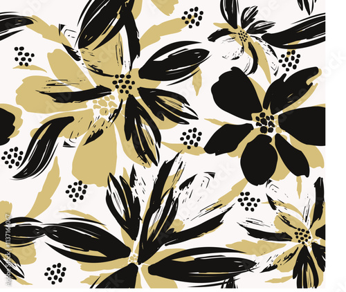 Floral brush strokes seamless pattern, Organic shapes abstract floral. Seamless floral. flowers hand-drawn, Flower seamless pattern. black and white art for textile design, fabric art.eps