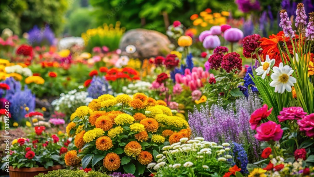 Vibrant and colorful garden bed filled with blooming flowers, floral, garden, vibrant, colorful, beautiful, nature, spring Vibrant and colorful garden bed filled with blooming flowers, floral, garden, vibrant, colorful, beautiful, nature, spring
