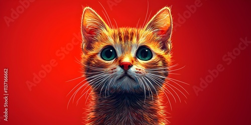 A cute orange tabby kitten with large, expressive green eyes gazes curiously at the viewer against a vibrant red background, radiating warmth and charm.