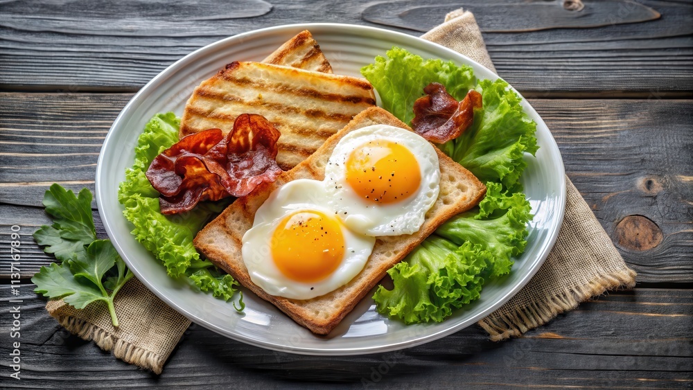 Plate with fried eggs, bacon, toasts and lettuce on background, breakfast, food, meal, brunch, delicious, gourmet Plate with fried eggs, bacon, toasts and lettuce on background, breakfast, food, meal, brunch, delicious, gourmet