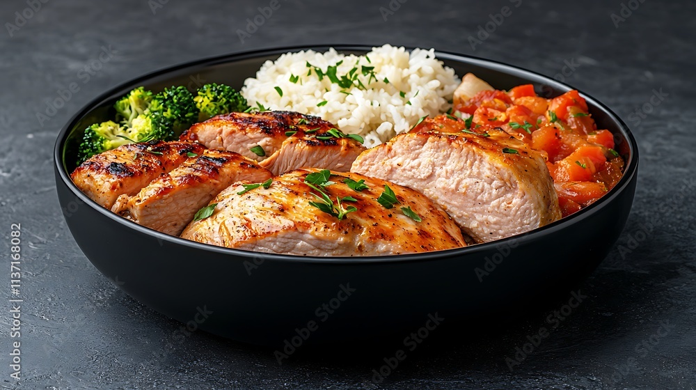 Fototapeta premium Delicious grilled salmon with rice and broccoli home kitchen food photography cozy setting