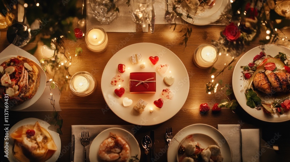A romantic dinner setup with elegant dishes, candles, and a gift box, perfect for a celebration. A romantic dinner setup with elegant dishes, candles, and a gift box, perfect for a celebration.