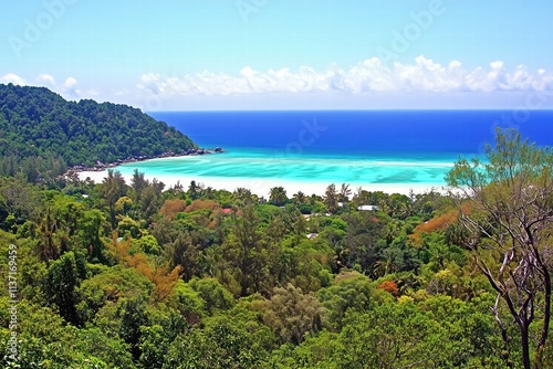 Tropical Paradise with Lush Green Forest and Azure Waters by Generative AI