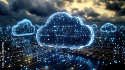 Futuristic cloud computing technology on background of microcircuit elements