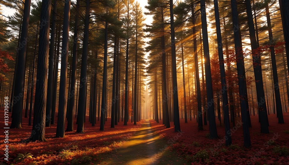 Sunlight streams through a picturesque autumn forest path. A serene autumn forest scene. Sunlight streams through a picturesque autumn forest path. A serene autumn forest scene.
