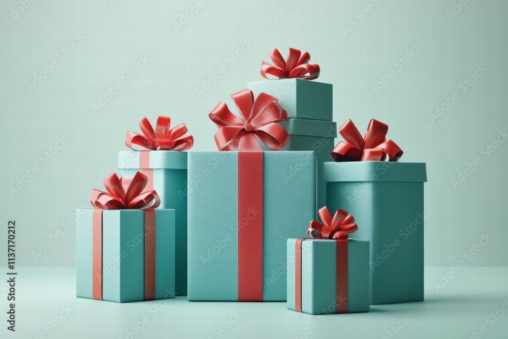 Stack of Teal Gift Boxes with Red Ribbons Stack of Teal Gift Boxes with Red Ribbons