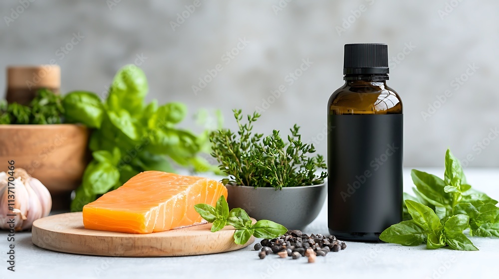 Preparing fresh salmon with herbs and essential oils in a cozy kitchen setting Preparing fresh salmon with herbs and essential oils in a cozy kitchen setting