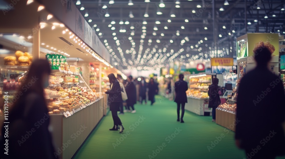 Busy marketplace with shoppers browsing various food stalls Busy marketplace with shoppers browsing various food stalls
