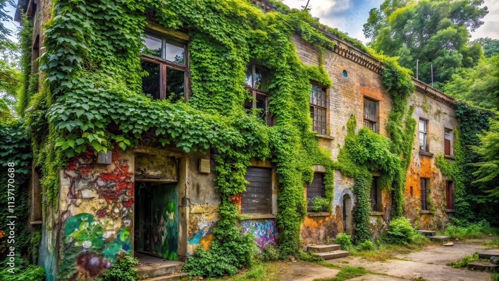 Forgotten place an abandoned building overgrown with ivy and graffiti , forgotten, neglected, deserted, decay, ruins Forgotten place an abandoned building overgrown with ivy and graffiti , forgotten, neglected, deserted, decay, ruins