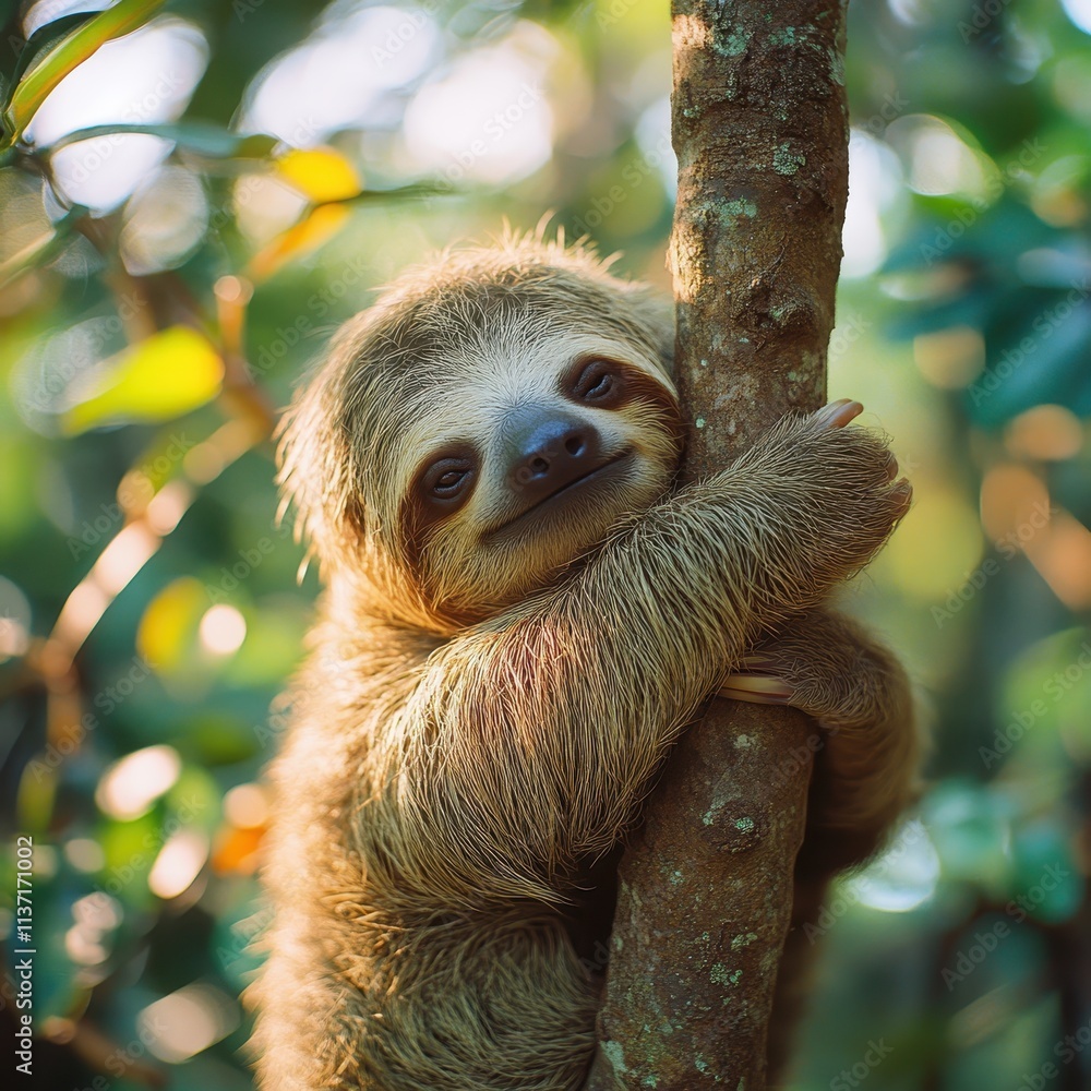 Fototapeta premium Sloth hanging from a tree branch, relaxed and detailed in its natural habitat.