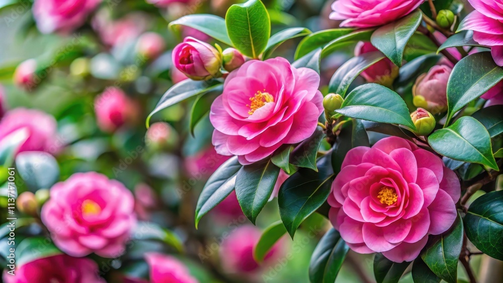 Close-up view of blooming Japanese Camellia tree with pink flowers and glossy leaves, Japanese Camellia Close-up view of blooming Japanese Camellia tree with pink flowers and glossy leaves, Japanese Camellia