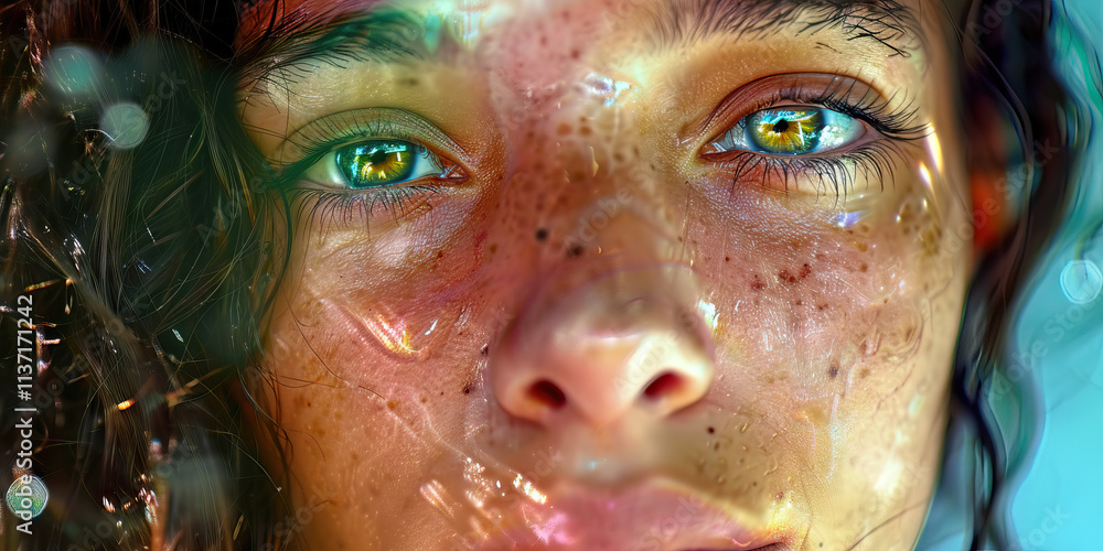Close-up Portrait of a Woman's Face with Water Droplets and Freckles Close-up Portrait of a Woman's Face with Water Droplets and Freckles