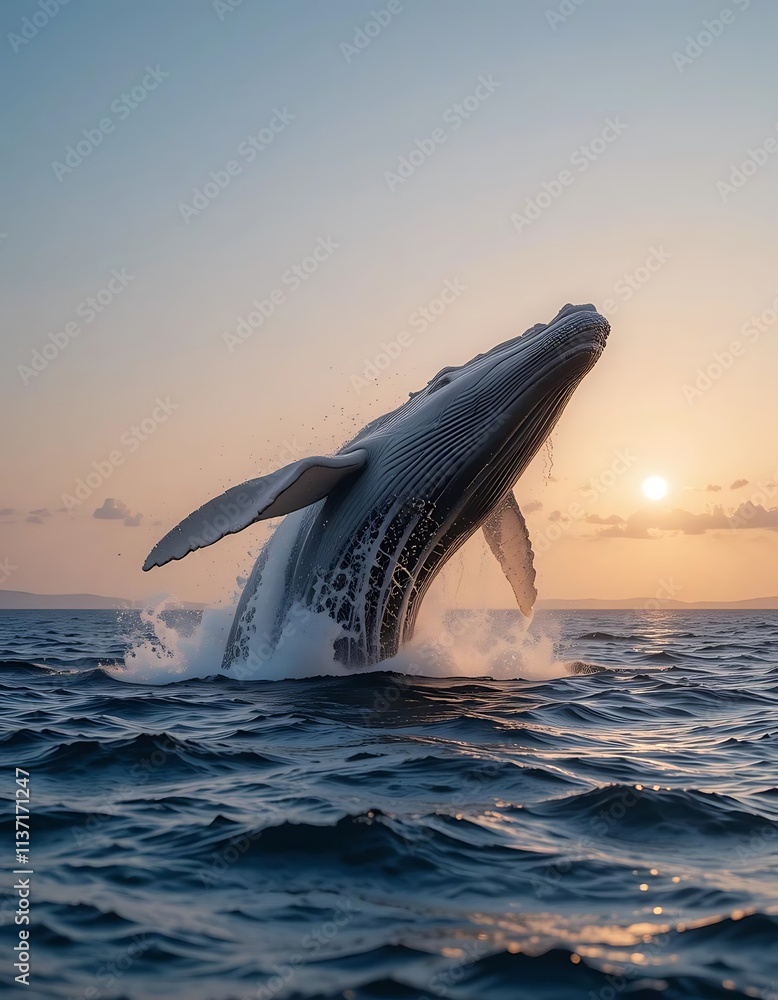 Fototapeta premium A whale breaching in the ocean under a setting sun