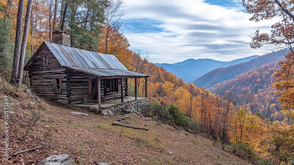 A rustic cabin nestled in colorful autumn foliage overlooking a serene valley. A rustic cabin nestled in colorful autumn foliage overlooking a serene valley.