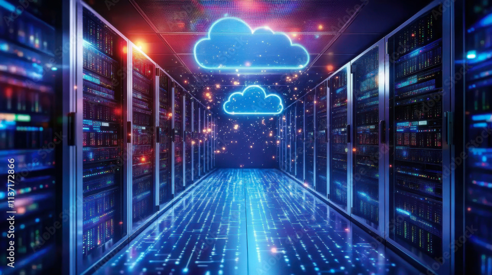 Obraz premium Artistic representation of data flowing seamlessly across a global cloud computing network.